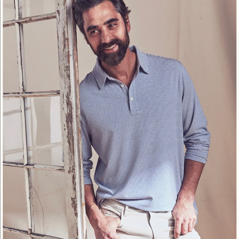 Faherty Lux Long Sleeve polo. Blue and white striped. Size Small. Like new.